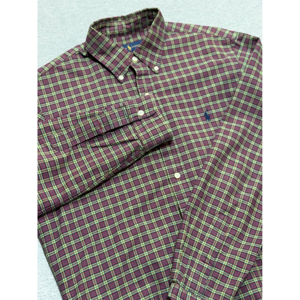 Ralph Lauren Mens Medium Plaid Button Down Shirt Burgundy Green Long Sleeve